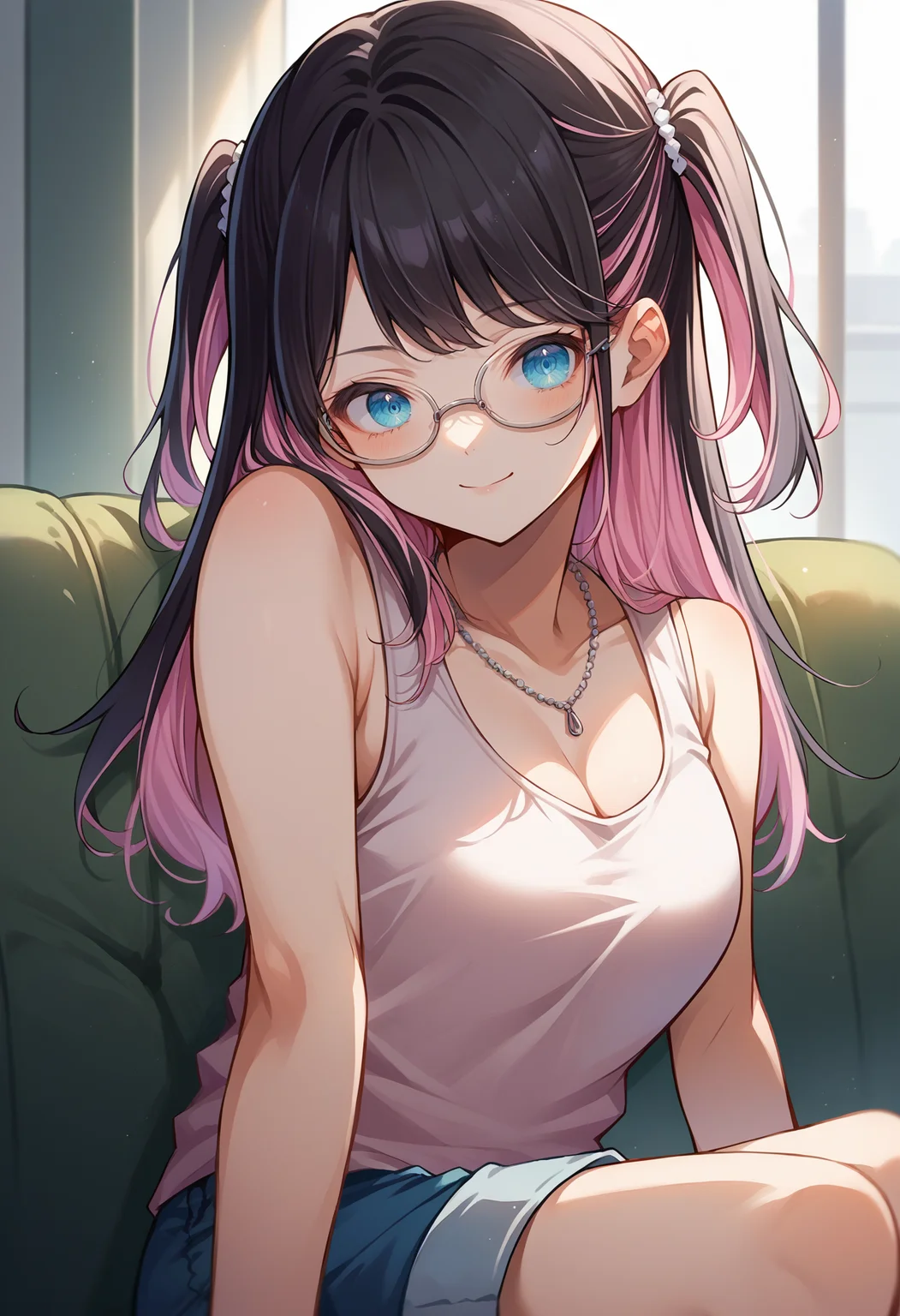 score_9, score_8_up, source_anime, 1girl, solo, NazunaKaga, blue eyes, multicolored hair, black hair, pink hair, long hair, two side up, glasses, tank top, cleavage, necklace, sleeveless, shorts, smile, indoors, sitting, on couch, <lora:ChamNazunaKagaPonyXL:1>