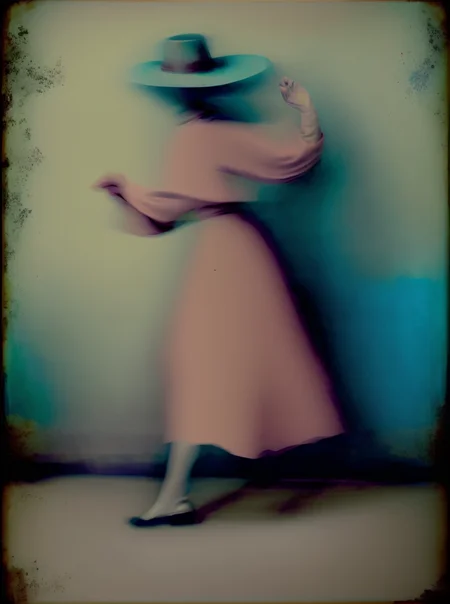 <lyco:Sarah Moon:1.0> sarah moon a woman in a dress and hat going near the wall. long exposure, photorealism , vintage photo, pastel color