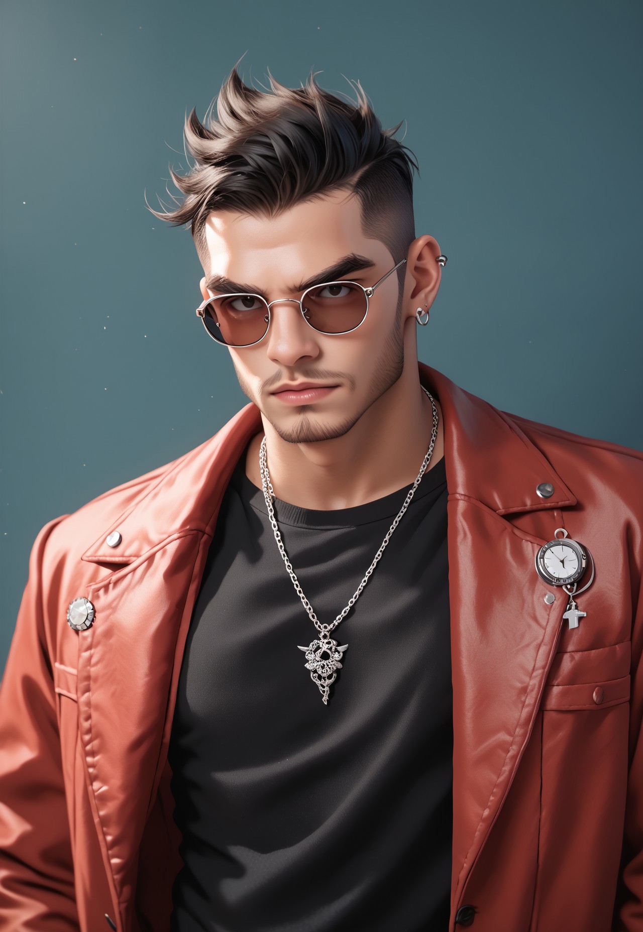 score_9, score_8_up, score_7_up, score_6_up, score_5_up, score_4_up, 32KM4G1C Style, 1boy, male focus, jewelry, solo, facial hair, earrings, sunglasses, black shirt, jacket, upper body, shirt, necklace, thick eyebrows, piercing, watch, black hair, bracelet, ear piercing, short hair, mature male, undercut, beard, wristwatch, looking at viewer, red jacket, multicolored hair, glasses, formal