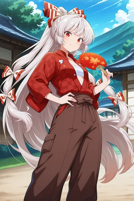 absurdres, highres, masterpiece, best quality, amazing quality, official anime artwork, screencap, anime screencap, outdoors, looking at viewer, light smile, dynamic pose, standing,
<lora:Fujiwara-no-Mokou_IllustriousV2:1>  fujiwara no mokou, 1girl, solo, red eyes, white hair, very long hair, small breasts, fujiwara no mokou \(yakitori stand chef\), alternate costume, hair bow, red shirt, checkered print, long sleeves, chest sarashi, brown pants, hand fan, japanese clothes,