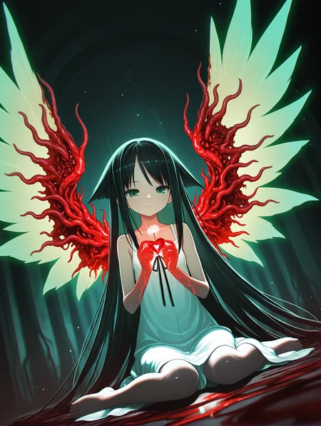 dynamic pose, dynamic angle,glowing wings, 
looking at viewer, light smile, wariza, flesh wings, holding dandelion, arms up, bloody wings, depth of field,light in heart,  
solo ,saya \(saya no uta\) , 1girl , bare shoulders , feet bare shoulders , black hair , black ribbon , blurry , blurry background , collarbone , dress , eldritch abomination ,flesh ,
 green eyes , long hair , profile , ribbon , sleeveless , sleeveless dress , very long hair , white dress  , green theme , red theme ,dark , horror ethereal , melancholic , glowing control panels casting ,soft blue light, dreamy atmosphere surreal ,horrifying , flowing hair gently drifting in an eerie, unsettling atmosphere, vibrant green and red hues blending chaotically, organic and grotesque textures covering the environment, glowing veins pulsing faint light (floating hair:1.1), (chromatic aberration:1.2), (light particles:0.9), (muted colors:1.5), (vibrant colors:0.8), (bright colors:0.7), (glowing sparkles:0.5), (radiant reflections:0.3), (soft light rays:0.7), blood-red mist, glowing green tendrils, dark and oppressive ambiance,cinematic lighting , raytracing , dynamic angle , depth of field , high contrast , colorful , detailed light , light leaks , beautiful detailed glow , best shadow , shiny , intricate details , hyperdetailed , iridescent [artist:yayaziiii] , [artist:tsukushi akihito] , [artist:huke] , [artist:chuuou higashiguchi]
,masterpiece,best quality,amazing quality,