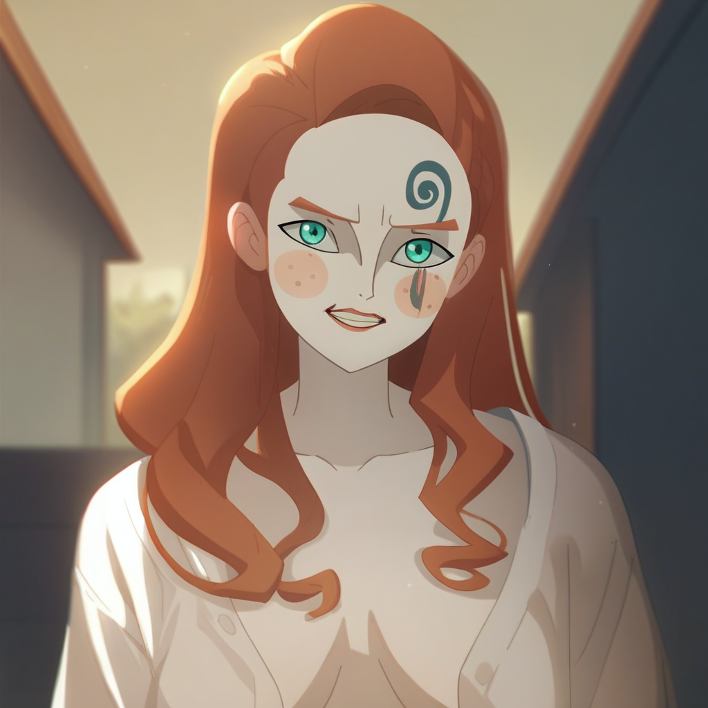 score_9, score_8_up, score_7_up, source_anime, expressive, anime,  dynamic, 1girl, white skin, blush_stickers and freckles, long hair, red hair, red_lips, aqua_eyes, face_tattoo,  grin, blush, uncensored, (S1GR1DTotG), source_hentai, oversized_shirt, white_shirt, naked_shirt, breasts, blurry_background,