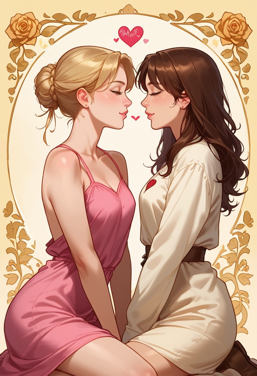 realistic, high quality, summer, 2 cute sexy beautiful female, 18 years old, snuggle, in love, tunic, cowboy shot, kneeling, looking at each other, skinny girls, firm bodys, profile, Valentine background, flickering hearts, rose, intimate, pastel colours, tints of yellow, golden outlines