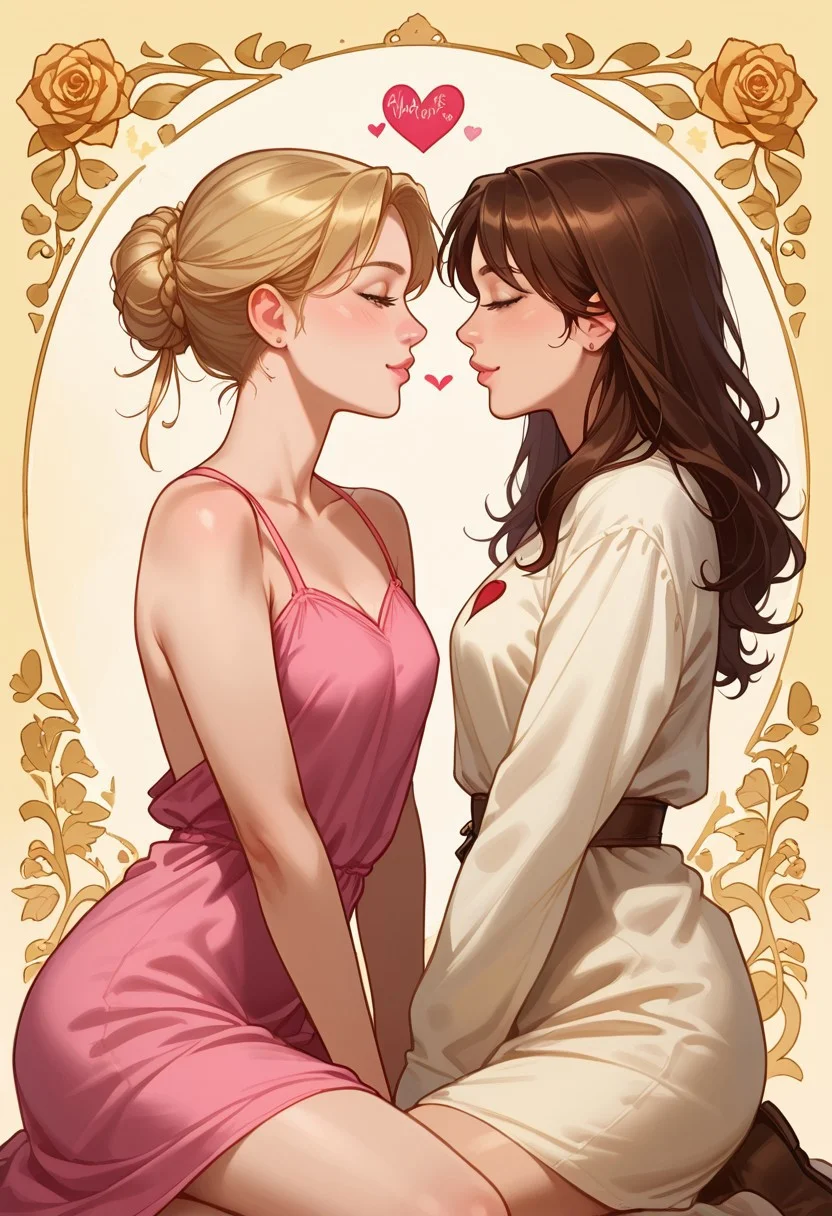 realistic, high quality, summer, 2 cute sexy beautiful female, 18 years old, snuggle, in love, tunic, cowboy shot, kneeling, looking at each other, skinny girls, firm bodys, profile, Valentine background, flickering hearts, rose, intimate, pastel colours, tints of yellow, golden outlines