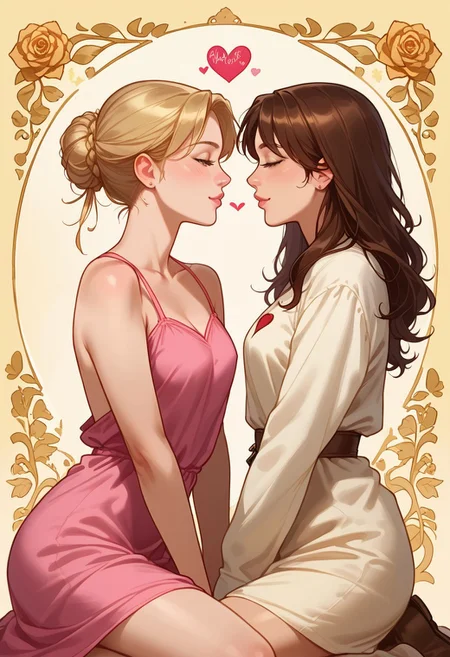 realistic, high quality, summer, 2 cute sexy beautiful female, 18 years old, snuggle, in love, tunic, cowboy shot, kneeling, looking at each other, skinny girls, firm bodys, profile, Valentine background, flickering hearts, rose, intimate, pastel colours, tints of yellow, golden outlines