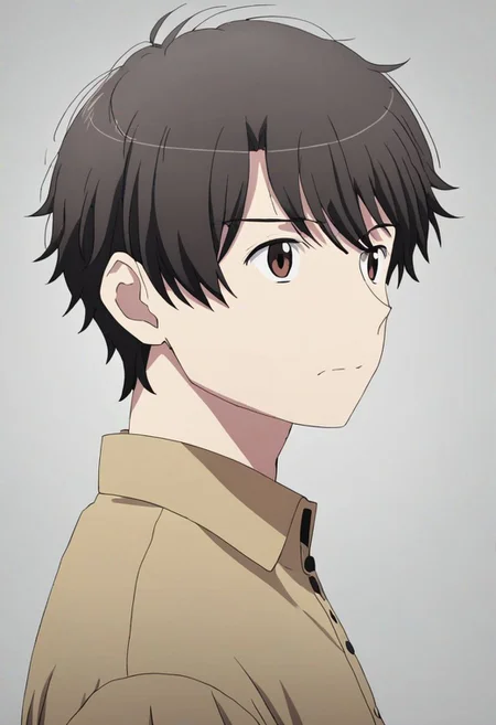 high resolution, solo, best quality, 1Boy, Inaho Kaizuka, Black Hair, Brown Eyes, potrait, dark shirt, looking at viewer, focused gaze forward, simple background, straight body, upper body, head upright, fear, OverallDetail