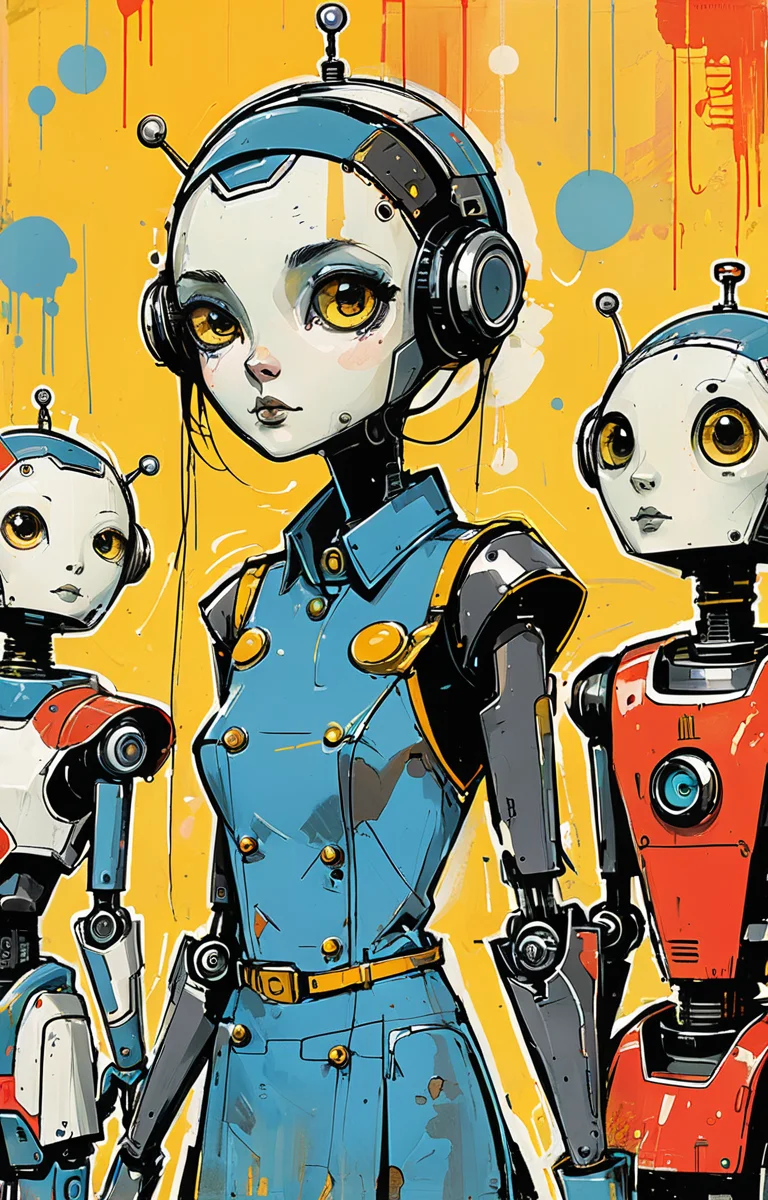 masterpiece,best quality,<lora:tbh333-sdxl:0.6>,illustration,style of Jim Mahfood portrait of Housework robots