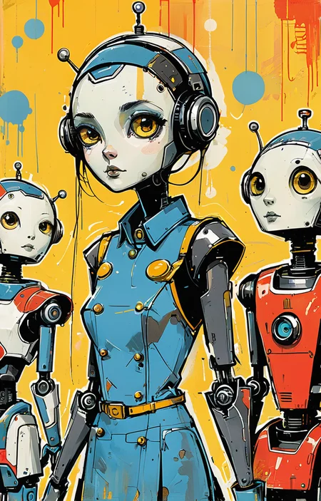 masterpiece,best quality,<lora:tbh333-sdxl:0.6>,illustration,style of Jim Mahfood portrait of Housework robots