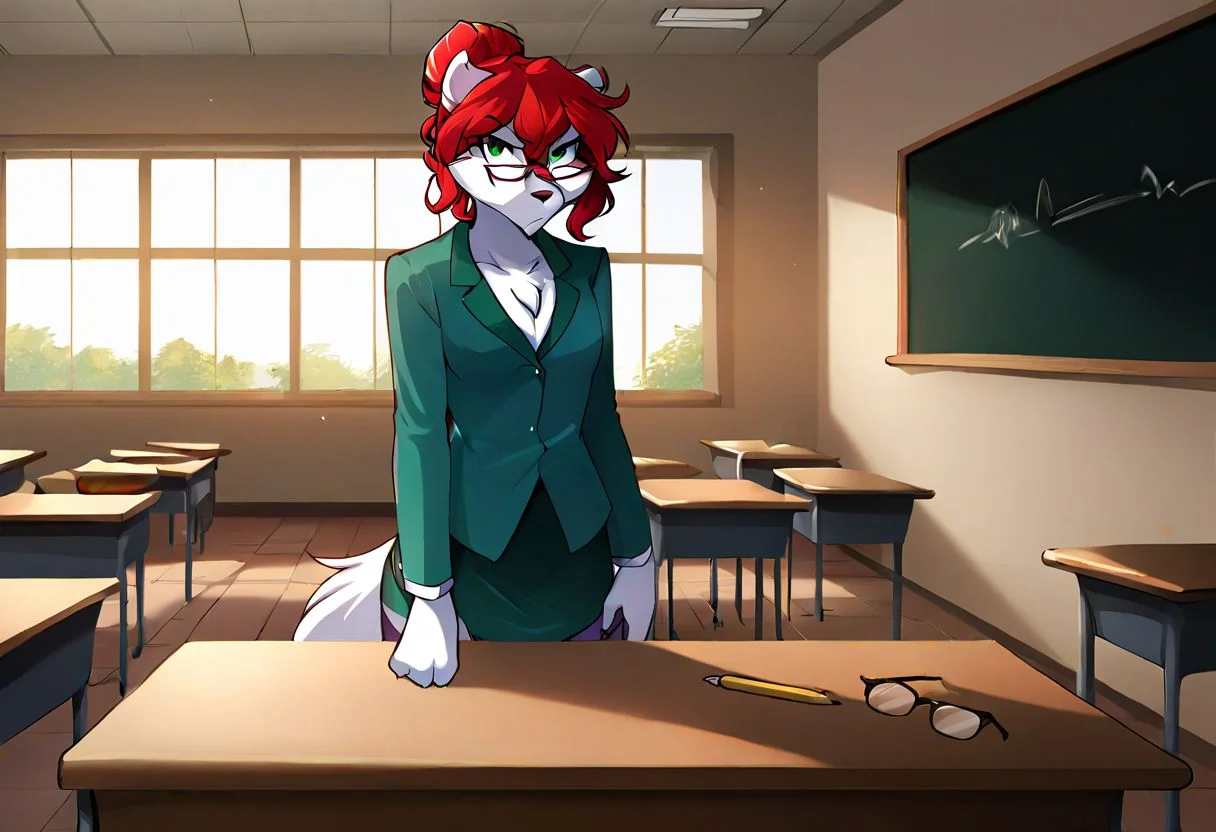 score_9, score_8_up, score_7_up, hi res, source_furry, source_anime, rating_explicit, {best quality, masterpiece:1}, detailed background, indoors, {desk}, {blackboard}, classroom, {depth of field}, solo, solo focus, 1 girl, looking at viewer, full body shot, tkrose, mammal, white fur, red hair, green eyes, anthro, female anthro, teacher, hair in bun, {{{grey streaks in hair}}}, small breasts, standing in front of desk, serious pose, {green blazer and green mini skirt}, {green thigh-high stockings}, paws, glasses, serious expression
