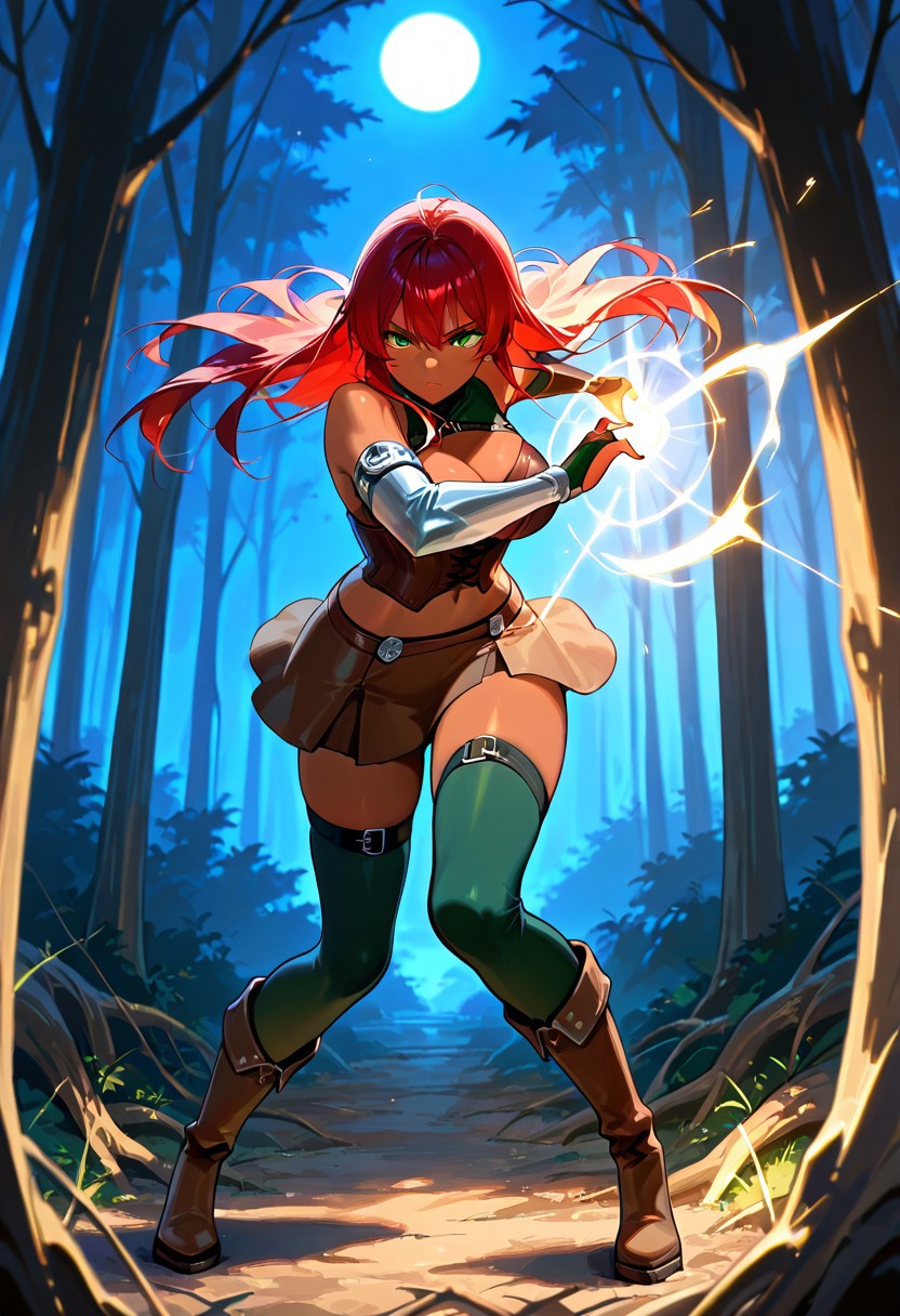 (score_9, score_8_up, score_7_up), 1girl, solo, extreme detail, Masterpiece, Best Quality, beautiful, high res image, 8k,
"Lysandra_Hawthorne, red hair, long hair, green eyes, dark-skinned female," Perfect anatomy, perfect hands, detailed, detailed face, detailed eyes, deep skin,
"elbow length green bridal gauntlets, brown boots, brown corset, brown short skirt, midriff, green thigh highs, solid silver arm guard, solid silver leg garter,"  concentrating, forest, night, casting spell, tree roots coming out of the ground, moonlight, darkness