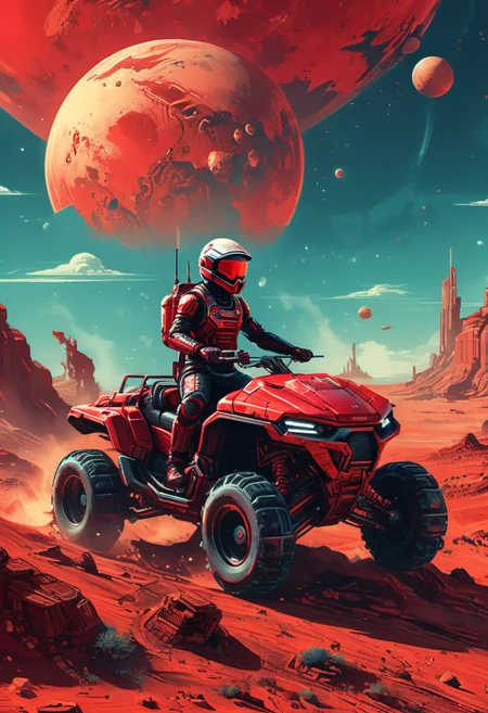 Retro futuristic image, Quad riding on red planet, sharp, high detailed<lora:xl_more_art-full_v1:0.3> <lora:Futuristic_Retro_Vibes:0.5>
