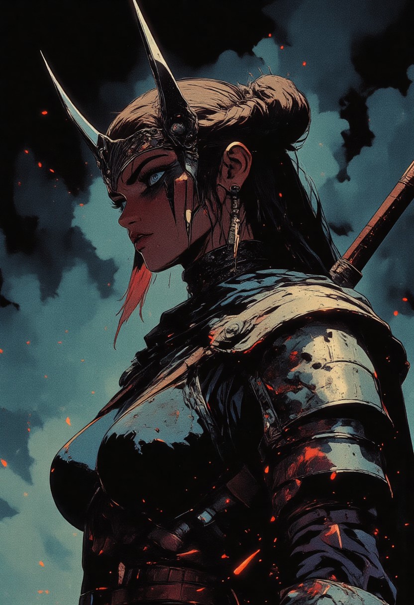 Female valkyrie warrior, Nordic, Revenant, war paint, face paint, eye black, glowing eyes, in profile, toned arms, braided hair, battle damaged armor, large breasts, breast plate, dark and moody background, adds a dramatic tone, subtle lighting reflections, ray traced, foreshortening, particle effect, Holding a sword,