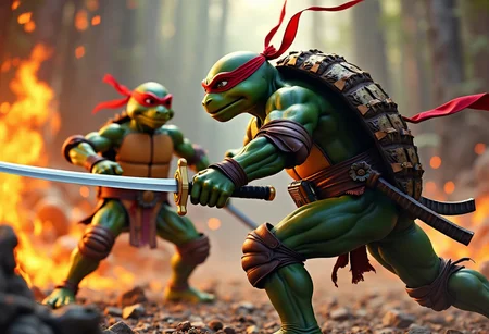 Ninja turtle in battle, samurai armor, battle scene, Splinter shows him combat fighting to defeat the enemy