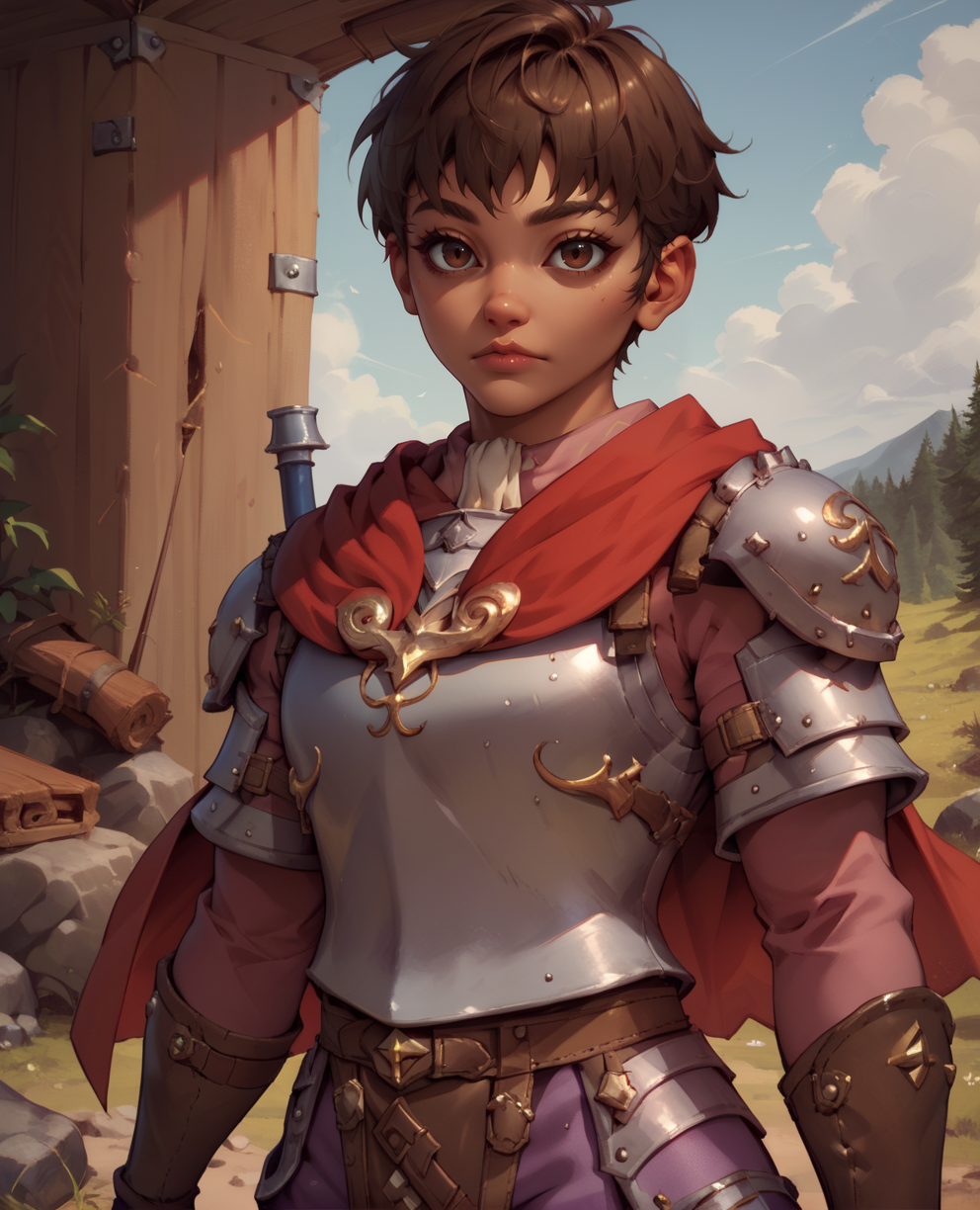 score_9,score_8_up,score_7_up,
cascaxl,brown eyes,brown hair,short hair,
armor,shoulder pads,red cape,purple  pants,
standing,upper body,
camp,plains,looking at viewer,
<lora:cascaXL:0.8>,