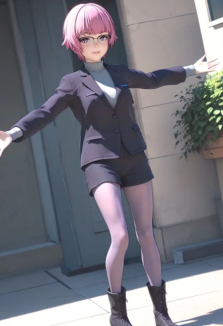 <lora:sdxl_lightning_8step_lora:1> <lora:Fixhands_anime_bdsqlsz_V1:1>score_9, score_8_up, score_7_up, source_anime, intricate details, perfect anatomy BREAK
1girl, solo, gis-esakipurin, pink hair, short hair, purple eyes, black-framed eyewear, black jacket, black shorts, gis-esakipurin outfit, purple pantyhose, black boots, 
dutch angle, outstretched arms, Seductive, A sultry gaze, a slightly parted lips, and a hint of a smile., outdoors, 
<lora:gis-esakipurin_XL(pony)fix:0.9>