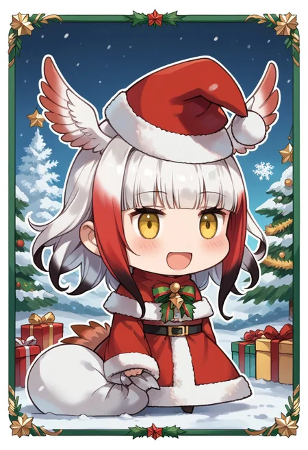 score_9, score_8_up, score_7_up, masterpiece, best quality, zzPadoru, blush, smile, open mouth, meme, holding sack, santa hat, dress, 1girl, solo, japanese crested ibis (kemono friends), head wings, multicolored hair, two-tone hair, white hair, red hair, long hair, blunt bangs, bangs, sidelocks, yellow eyes, bird tail, tail, long sleeves, wide sleeves, chibi, snow, Christmas tree, Christmas lights, Christmas border, red and green border, Christmas wreath border, presents, Christmas_card_outline