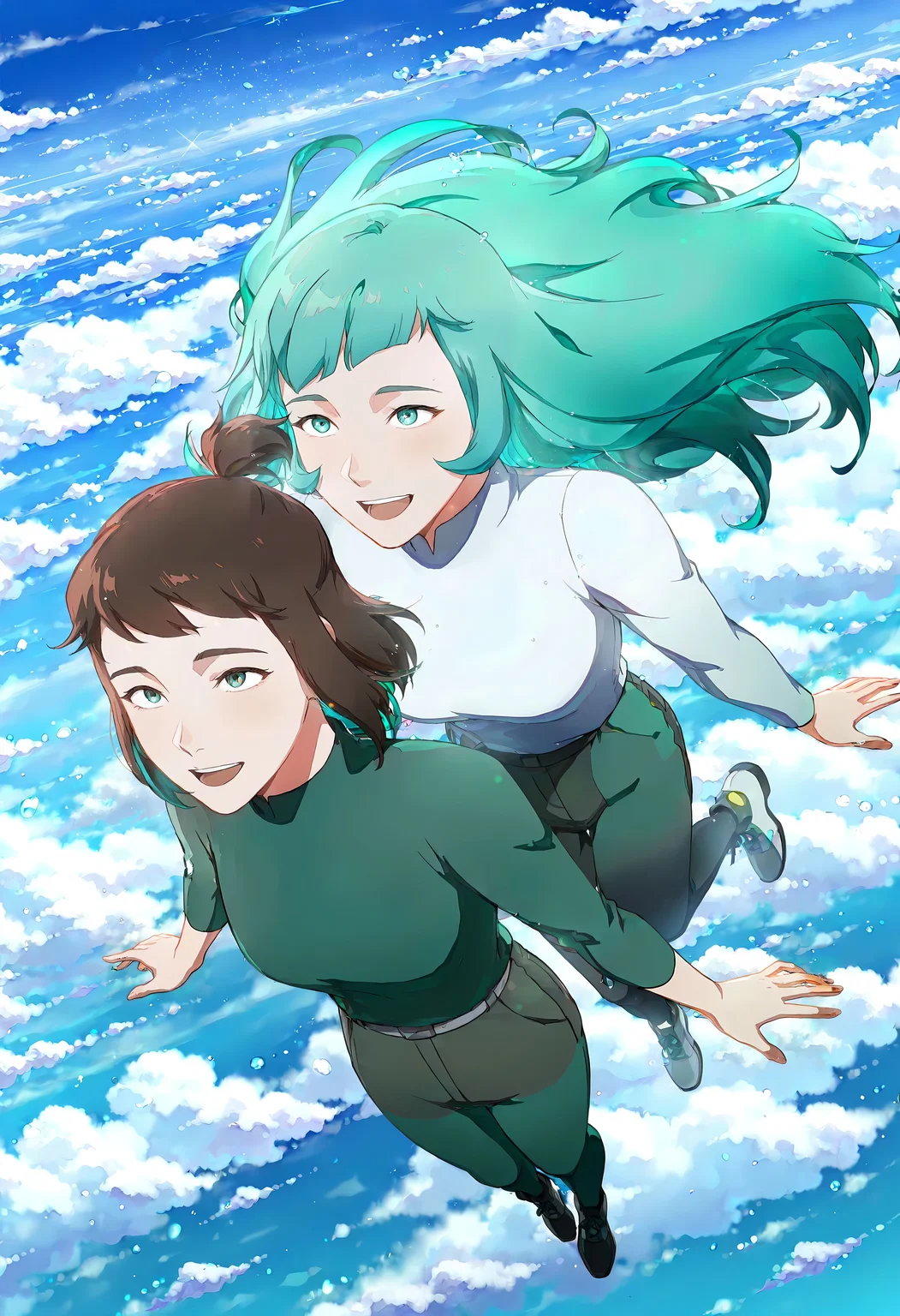 ((Masterpiece, Ultra Detail, Best Quality, Anatomically Correct, Fullbody View))
2girls together, hovering, flying, high above the sky, in a digital world, looking happy
<lora:Maddie_Kim:1> M4dd13K1m, 1girl, short hair, brown hair, brown eyes, short ponytail
<lora:Mist_Pantheon:1> M1st, 1girl, aqua eyes, aqua hair, long hair, bangs