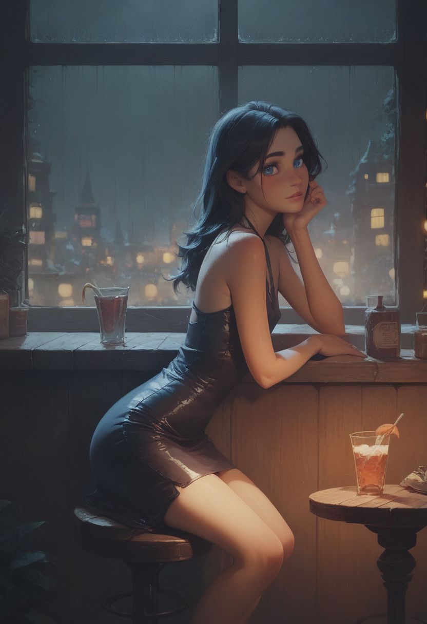 score_9, score_8_up, score_7_up, score_6_up, score_9, score_8_up, score_8, semi realistic, hot girl wearing skimpy tight dress sitting on a bar stool, flat chest, cute sexy pose, in a small skyscraper restaurant at night, moody lighting, window with view of night city, raindrops on window, rainy night, drinks on a bar table, volumetric lighting, cinematic lighting, depth of field, bokeh, masterpiece,