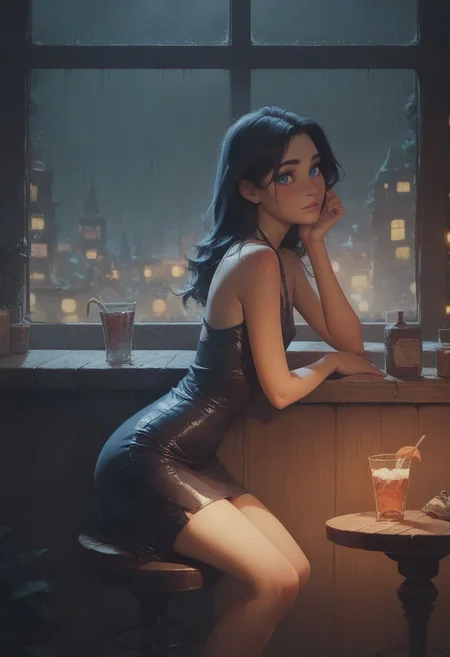 score_9, score_8_up, score_7_up, score_6_up, score_9, score_8_up, score_8, semi realistic, hot girl wearing skimpy tight dress sitting on a bar stool, flat chest, cute sexy pose, in a small skyscraper restaurant at night, moody lighting, window with view of night city, raindrops on window, rainy night, drinks on a bar table, volumetric lighting, cinematic lighting, depth of field, bokeh, masterpiece,