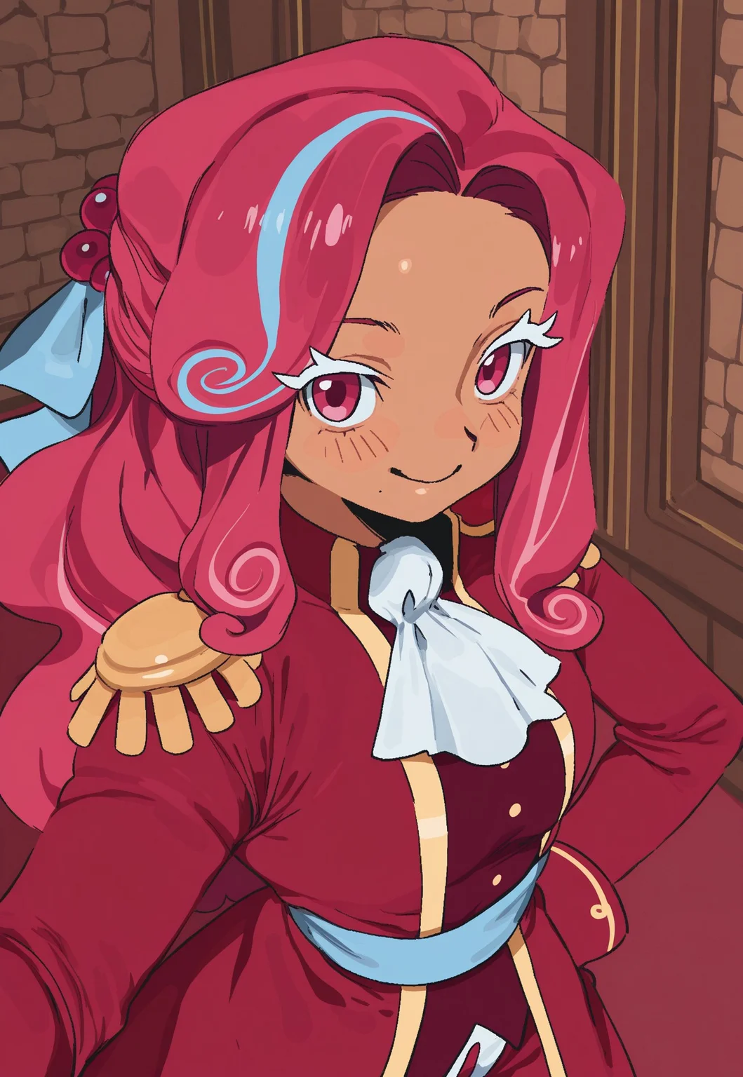 whoopsatr, anime, masterpiece, best quality, detailed background, 8k, 1girl, solo, raspberry cookie, tan skin, pink hair, long hair, blue hair ribbon, white eyelashes, pink eyes, cravat, red coat, epaulettes, standing, castle wall, indoors, face close-up, smile, half body, staring at viewer, no pose,
