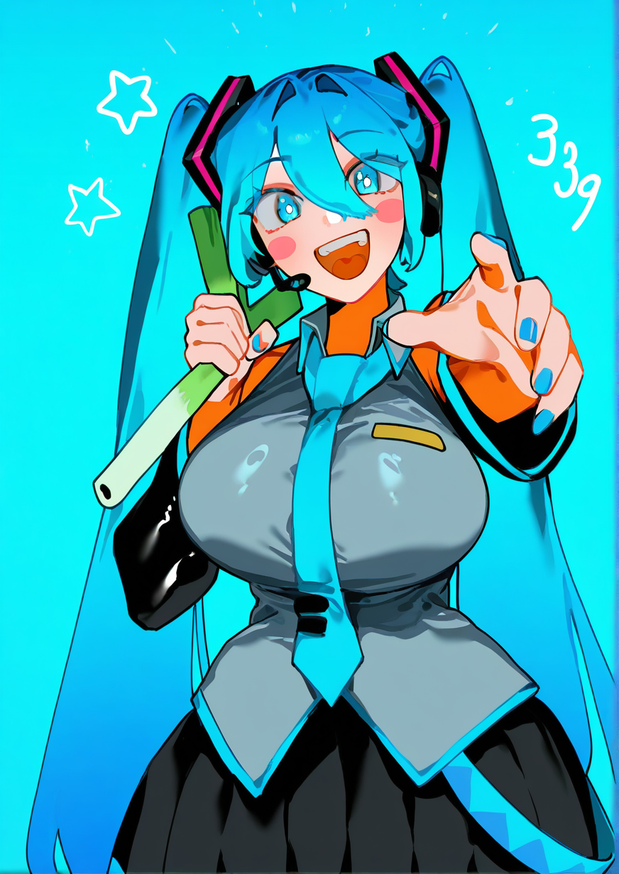 <lora:Bogo:1>,1girl, hatsune miku, detailed background, huge breasts, wide hips, 39, :d, black skirt, black sleeves, blue eyes, blue hair, blue nails, blue necktie, blue theme, blush stickers, bright pupils, collared shirt, detached sleeves, dutch angle, eyes visible through hair, food, grey shirt, headset, holding, holding food, holding spring onion, holding vegetable, necktie, open mouth, polka dot, reaching, reaching towards viewer, round teeth, shirt, skirt, sleeveless, sleeveless shirt, smile, solo, spring onion, star (symbol), teeth, upper body, vegetable, white pupils, 
very awa, masterpiece, best quality, highres, absurdes,amazing quality,year 2024,newest