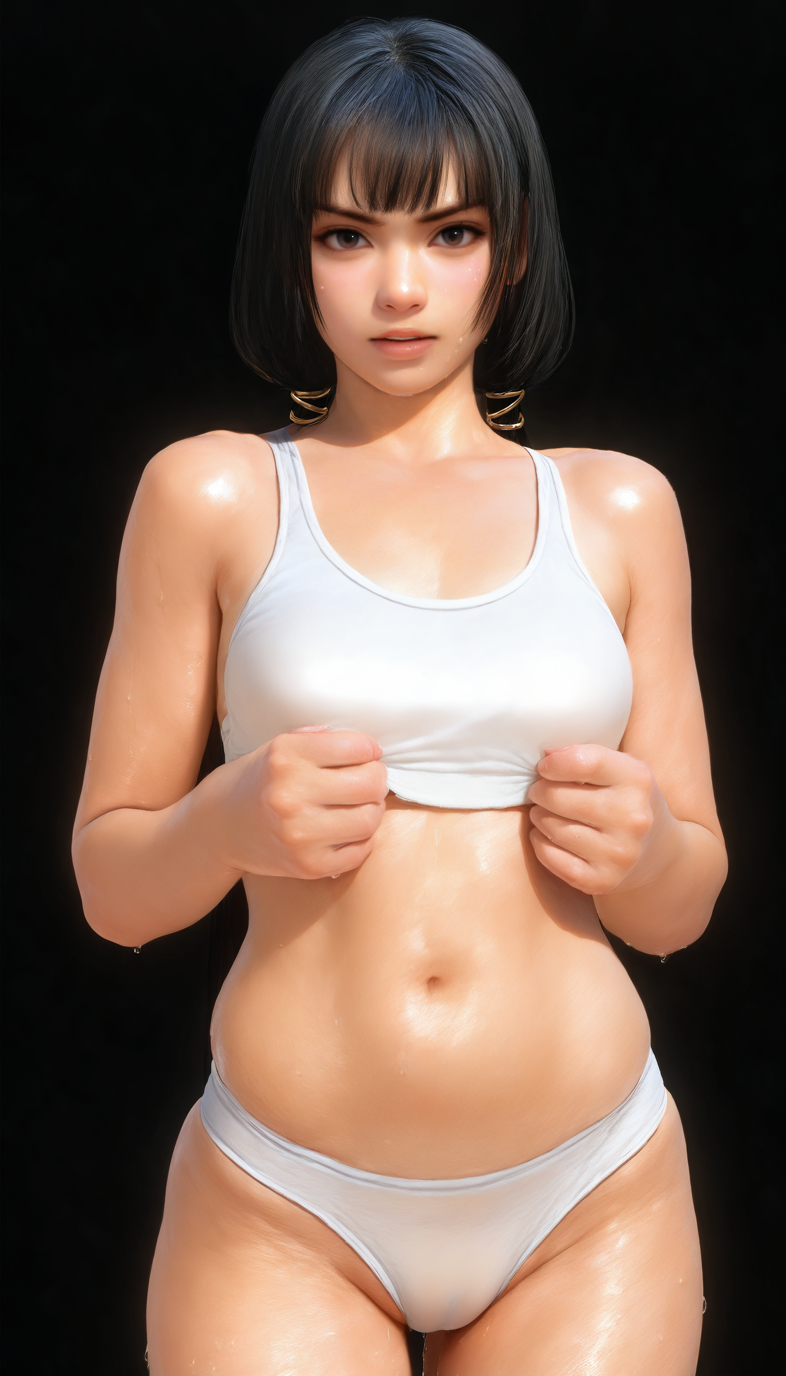 masterpiece,best quality,amazing quality,
<lora:naotoraiiNAI:1>,naotoraii,realistic,
black hair,blunt bangs,long hair,low twintails,golden scrunchie,white sports bra,white sports panties,
looking at viewer,serious,parted lips,smile,
wet,sweat,belly,skindentation,
cowboy shot,standing,black background,