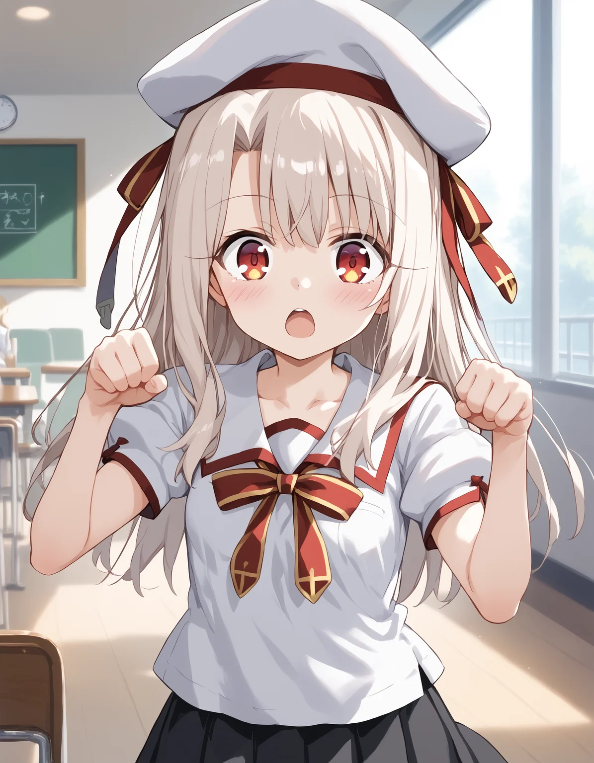 score_9,
1girl,
solo,
aaillya,
fate/kaleid liner prisma illya,
illyasviel von einzbern,
red eyes,
eyelashes,
blonde hair,
long hair,
curtained bangs,
sidelocks,
small breasts,
beret,
white hat,
homurabara academy school uniform,
school uniform,
collarbone,
neck ribbon,
white shirt,
puffy short sleeves,
pleated skirt,
black skirt,
miniskirt,
cowboy shot,
paw pose,
hands up,
looking at viewer,
blush,
surprised,
:o,
open mouth,
!,
indoors,
cafe,
window
<lora:illyasviel_von_einzbern_ponyxl_v1:0.9>