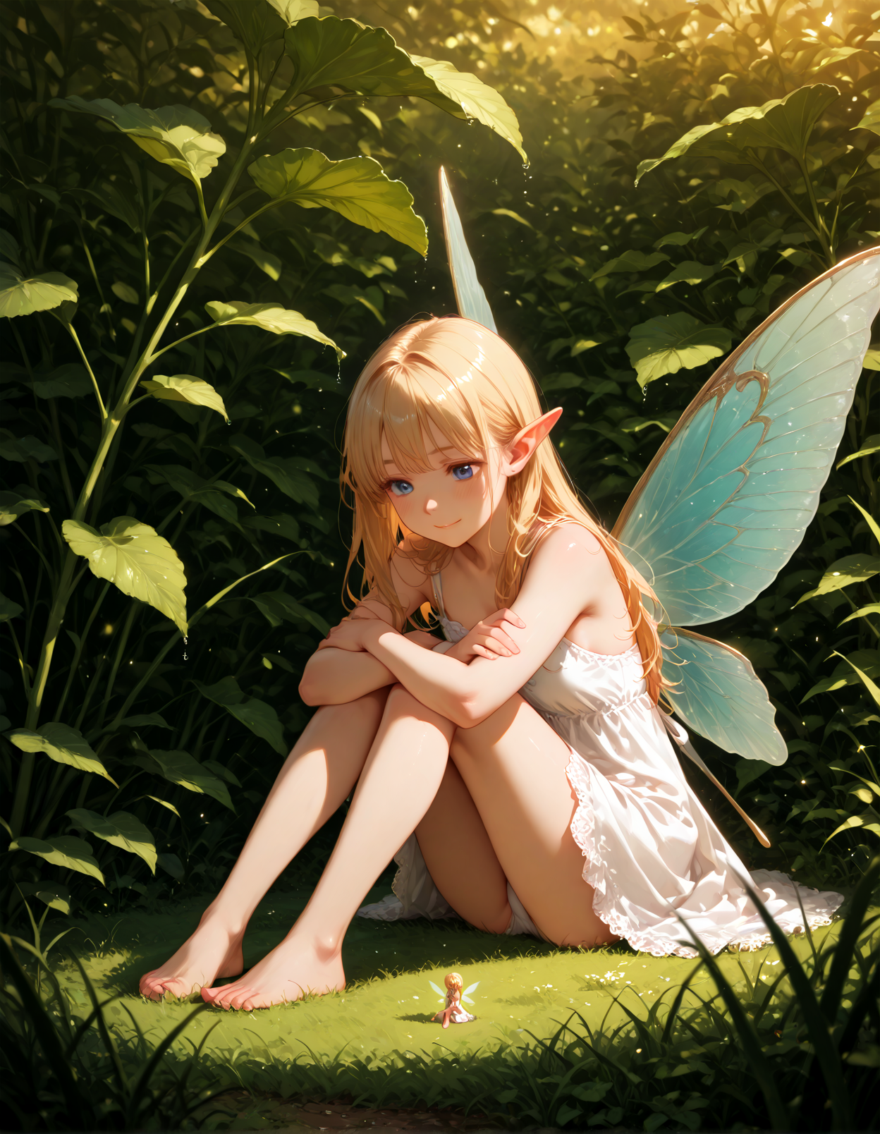 1girl, minigirl, mini person, fairy, sitting, leaf, nature, green, delicate, wings, magical, whimsical, gentle, peaceful, blonde hair, blue eyes, soft smile BREAK outdoor background, grass, blades of grass, close-up, macro, soft lighting, warm colors, shallow depth of field, masterpiece, best quality, absurdres