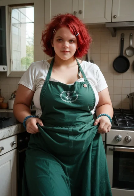 score_9, score_8_up, score_7_up, score_6_up, score_5_up, score_4_up,1girl, solo, ((chubby Red head)), hairclip, red hair, swept bangs, ultra large big breasts, huge ass, green dress, white shirt, short sleeves, apron, blue bracelet, green apron, indoors, kitchen, <lora:RaikageArtLycoXL:1>