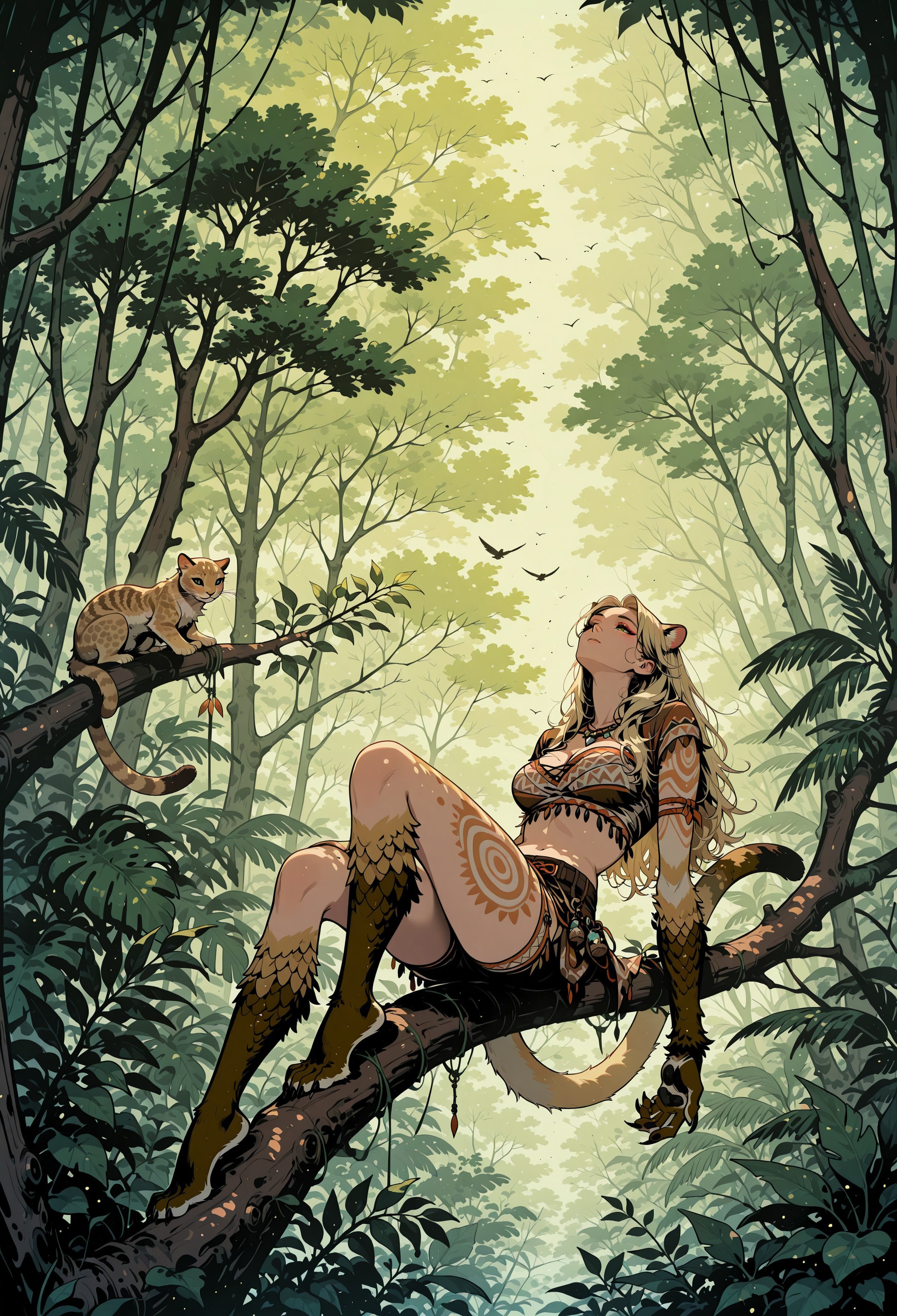  core_9, score_8_up, score_7_up, masterpiece, best quality, very aesthetic, detailed face, (dynamic:1.1), 1girl, tree, jungle, on tree, relaxing, laying on branch, thick branch, puma girl, animal arms, tail, swishing, tribal outfit, long hair, blonde hair, monstergirl, dangling, golden fur, 