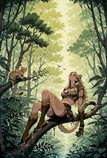 core_9, score_8_up, score_7_up, masterpiece, best quality, very aesthetic, detailed face, (dynamic:1.1), 1girl, tree, jungle, on tree, relaxing, laying on branch, thick branch, puma girl, animal arms, tail, swishing, tribal outfit, long hair, blonde hair, monstergirl, dangling, golden fur,