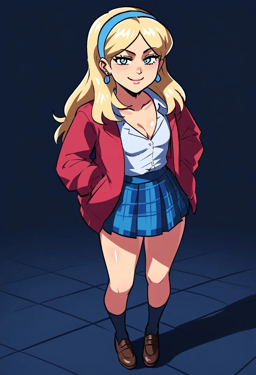 score_9, score_8_up, score_7_up, score_6_up, score_5_up, score_4_up, source_cartoon, <lora:confetti-extract- ponyxl:0.85>, detailed eyes, easynegative, rating_explicit, Expressiveh, 1girl, solo,ceo,
petite, small breasts,
blue eyes, white shirt, jacket, school uniform, blonde hair, jewelry, collarbone, earrings, hairband, long hair, blue hairband, blue headband, plaid skirt, pleated skirt,
smile, closed mouth, blush, cleavage, full body, standing