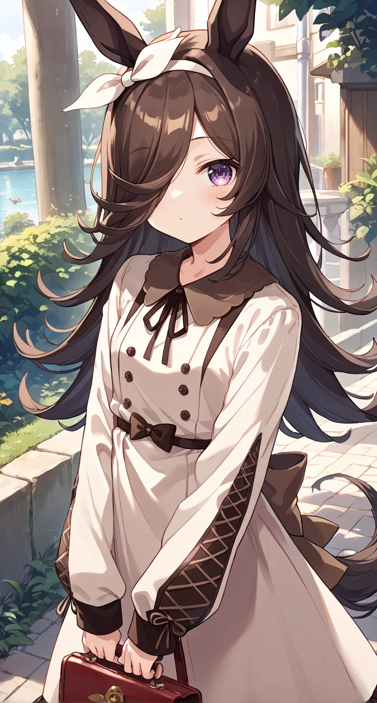 score_9,score_8_up,score_7_up,
official art,official style,game cg,megami magazine,
1girl,
rcs casual, rice shower (umamusume),
animal ears, bangs, blush, bow, brown dress, brown hair, brown ribbon,
casual, collared dress, dress, eyebrows visible through hair, frilled dress,
frills, hair bow, hair over one eye, hair ribbon, hairband, horse ears, horse girl, horse tail,
long hair, long sleeves, puffy long sleeves, puffy sleeves, ribbon, tail, violet eyes, white hairband,
standing,
<lora:umamusume_rice_shower_pony_v1:1>,