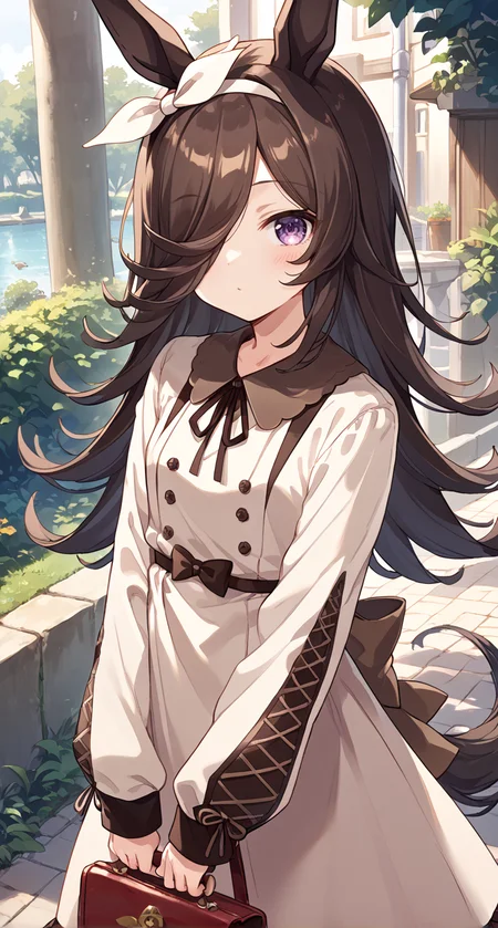 score_9,score_8_up,score_7_up,
official art,official style,game cg,megami magazine,
1girl,
rcs casual, rice shower (umamusume),
animal ears, bangs, blush, bow, brown dress, brown hair, brown ribbon,
casual, collared dress, dress, eyebrows visible through hair, frilled dress,
frills, hair bow, hair over one eye, hair ribbon, hairband, horse ears, horse girl, horse tail,
long hair, long sleeves, puffy long sleeves, puffy sleeves, ribbon, tail, violet eyes, white hairband,
standing,
<lora:umamusume_rice_shower_pony_v1:1>,