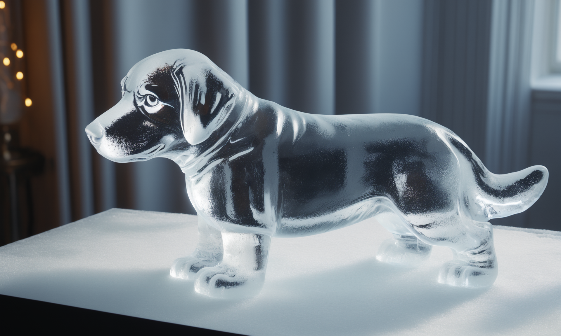 <lora:icecarvingcd_xl-000013:0.8>,close-up,a dog sculpture made of (icecarvingcd_xl,transparent:1.2,see-through:1.2,air bubble,cracked:1.3,broken:1.3,melting ice:1.3) on table,chilled,indoors,living room,simple background,no humans,fine art,detailed,hi-res photo, emotional,harmonious,high budget,moody,epic,gorgeous,perfect lighting,realistic,photorealistic,photographic,photo (medium),real,moody lighting,volumetric lighting,reality ray tracing,8K,HDR,UHD,masterpiece,best quality,highly detailed,high resolution,finely detail,extremely detailed,ultra detailed,wallpaper