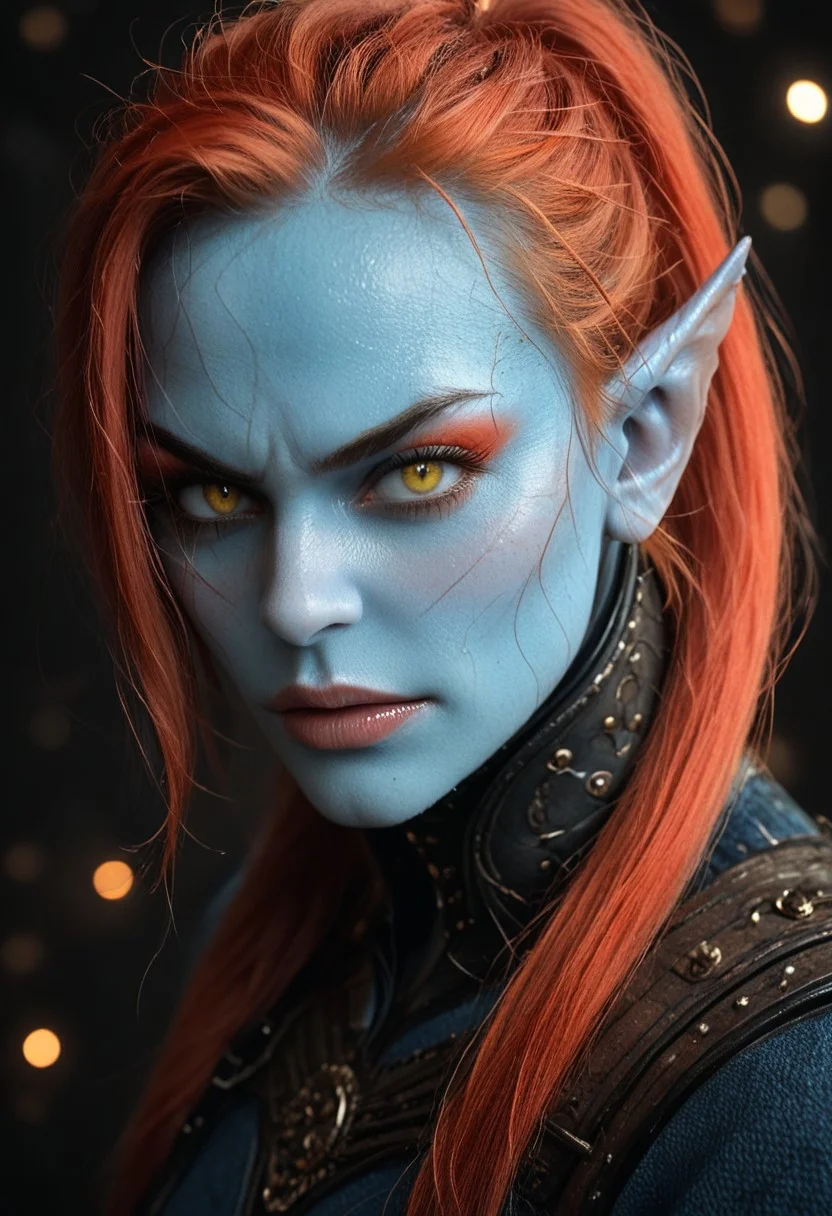 undyne the undying, undertale,1girl, monster girl, blue skin, sharp teeth, yellow eyes, glowing eye, eyeshadow, red hair, long hair, ponytail, armor, armor, spear, energy weapon, head fins, black sclera,
angry, warrior stance,
,(cowboy shot: 1.6)
,flat colors, thick lines, anime style, simplistic artstyle, A professional, high-quality, hyper-realistic portrait of a woman. The image features ultra-detailed eyes, realistic skin texture, intricate facial features, and cinematic lighting. Shot in low light with a Nikon Z7 II and a NIKKOR Z 50mm f/1.8 lens, showcasing shallow depth of field (bokeh) and RAW photography quality. Masterpiece-level, sharp and photorealistic, fine art photography style.
artist: incase,
,masterpiece, best quality, very awa, newest,yameroyandere