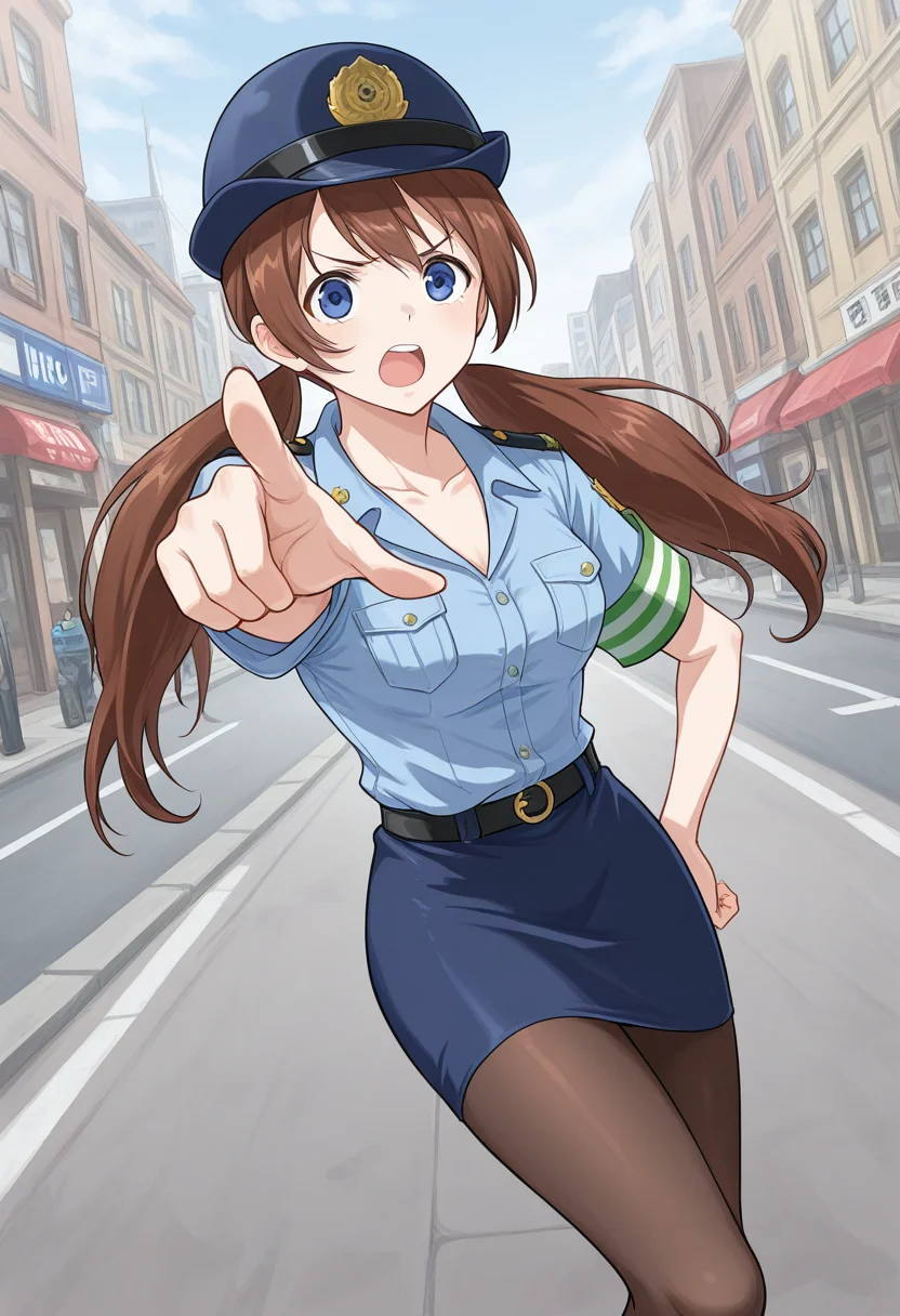 1girl, solo, aingbc, brown hair, long hair, low twintails, blue eyes, police uniform, police hat, shirt, short sleeves, collarbone, armband, pencil skirt, pantyhose, outdoors, city, street, pointing at viewer, foreshortening, open mouth, scolding,