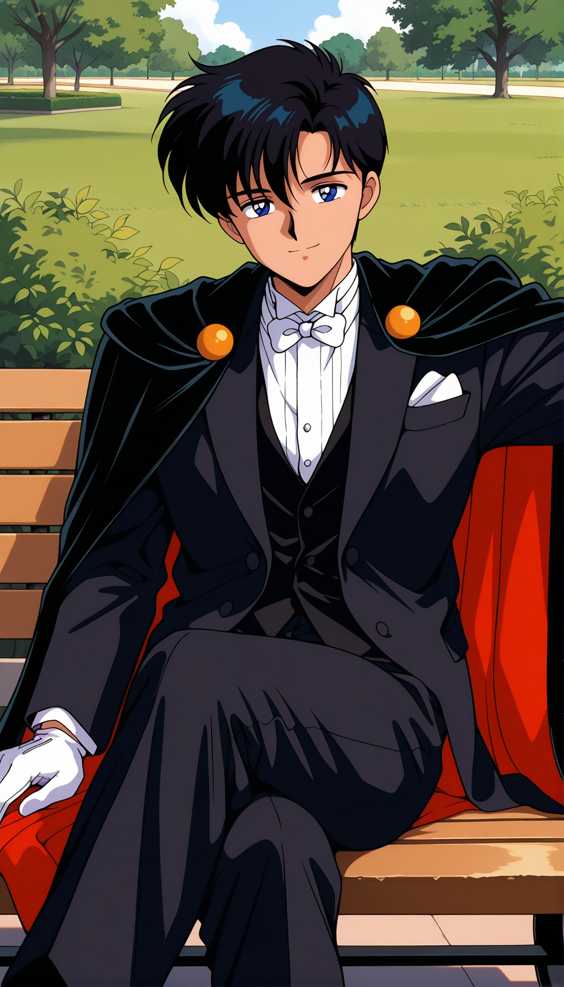 masterpiece,best quality,amazing quality,tuxedomask ill,1990s \(style\),1boy,solo,blue eyes,black hair,short hair,gloves,white gloves,cape,formal,white bowtie,black clothes,suit,tuxedo,looking at viewer,pants,outdoors,sitting,crossed legs,park bench,smile,<lora:chibamamoru ill:0.8>,