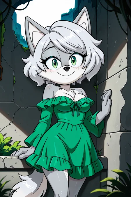 masterpiece, best quality, amazing quality, very aesthetic, detailed eyes, jenhen, BREAK, solo, furry, female, wolf, gray body, white chest, green eyes, gray freckles, short silver hair, swept bangs, medium breasts, green frilly dress, off shoulder, smile, looking at viewer, ruins, moss, leaning on wall, <lora:rubi_style_il_shrink:0.7>, <lora:JenHen:1>