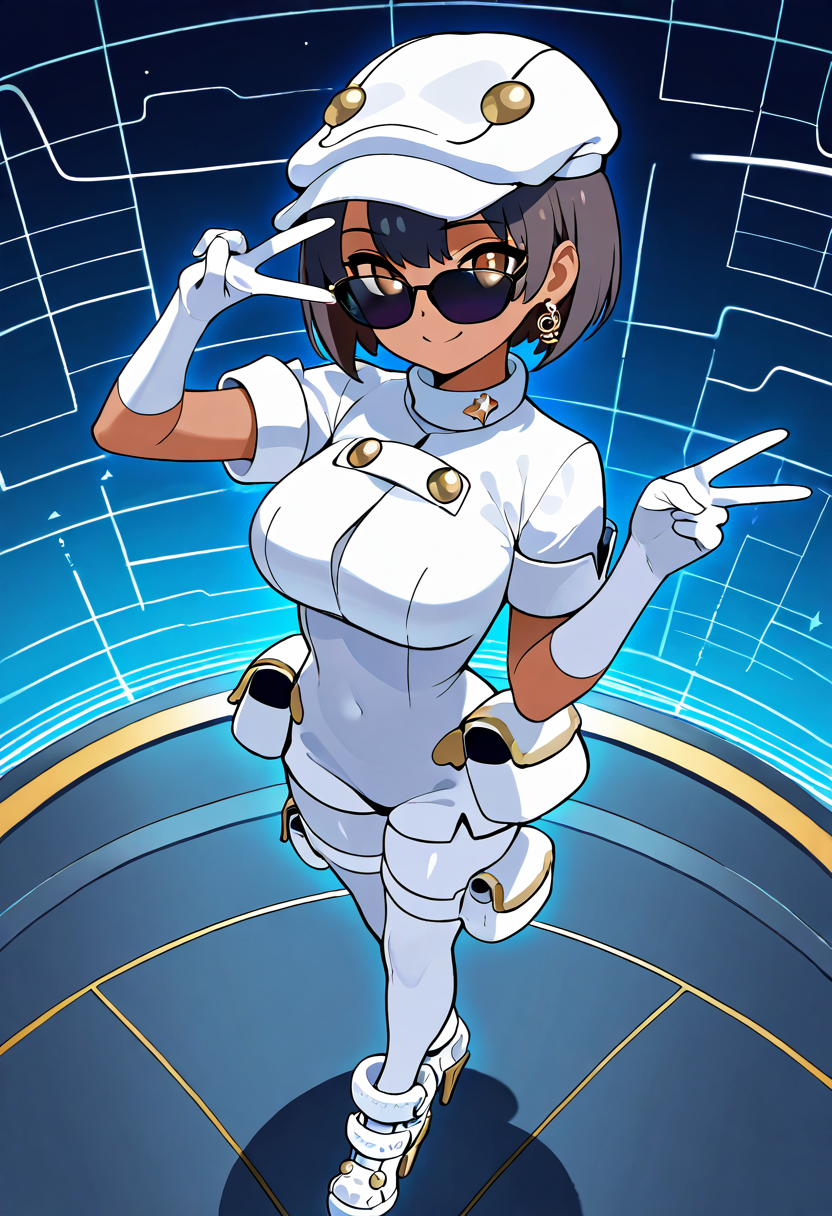 masterpiece, best quality, solo, curvy, beautiful eyes, narrow waist, wide hips, 1girl, solo, smile, looking at viewer, dynamic angle, foreshortening, close up,    zzAether, aether foundation employee, brown eyes, short hair, black hair, brown hair, dark skin,   <lora:AetherPokemonIXL:0.8>, [Orbital Fashion Blogger], shimmering bubble coat, augmented sunglasses, satellite-shaped earrings, drone-camera backpack, chrome tights, plasma heels, atmospheric shimmer cape, orbital billboard backdrop, peace sign pose,