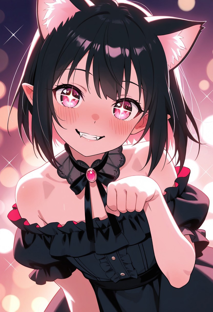 masterpiece, best quality, high quality, high details, source_anime, score_9, score_8_up, score_7_up, extremely detailed,
Fake cat years, cat pose, cute vampire girl, parted lips, fangs, black hair, big sparkling eyes with heart-shaped highlights, gentle blush, sweet soft smile, wearing a frilly off-shoulder black dress, warm peach-pink color palette, soft bokeh background with sparkles and light petals, soft glowing backlight, dreamy lighting, magical atmosphere, ultra adorable expression, newest anime style, high detail,
