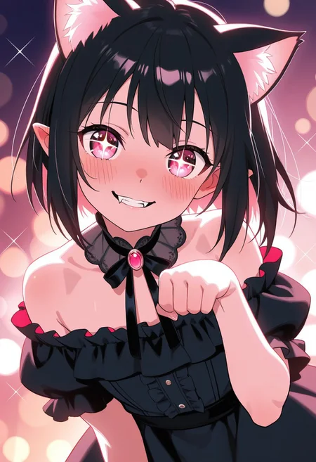 masterpiece, best quality, high quality, high details, source_anime, score_9, score_8_up, score_7_up, extremely detailed,
Fake cat years, cat pose, cute vampire girl, parted lips, fangs, black hair, big sparkling eyes with heart-shaped highlights, gentle blush, sweet soft smile, wearing a frilly off-shoulder black dress, warm peach-pink color palette, soft bokeh background with sparkles and light petals, soft glowing backlight, dreamy lighting, magical atmosphere, ultra adorable expression, newest anime style, high detail,