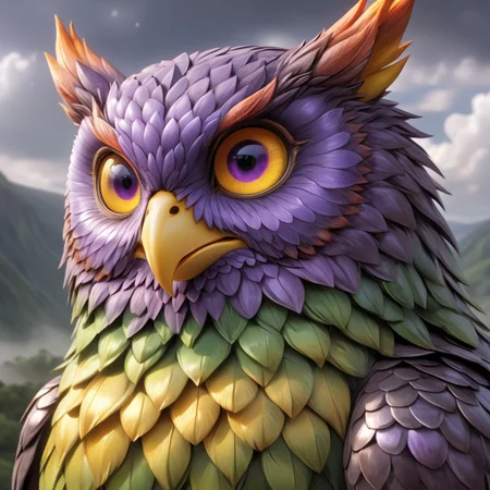 Shiny scaleboundsdxl,Up in the sky, cloudy, purple body, cover dark clouds scales, owl, ears, orange tips on head orange tips on butt, light yellow beak, light purple eyes, light green sclera, colored sclera, light yellow talons,solo,female1, ^w^, ( detail realistic), beautiful detail, high-quality, face close up,