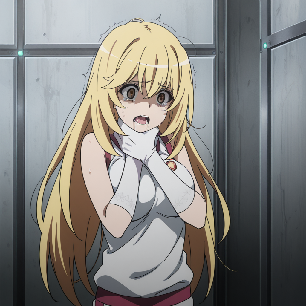 nsfw, masterpiece, best quality, amazing quality, 1girl, solo, index_railgun_shokuhou_misaki, standing, blonde hair, self strangling, white gloves, open mouth, long hair, large breasts, asphyxiation, saliva, elbow gloves, brown eyes, shirt, sleeveless, sleeveless shirt, gym uniform, gym short, white shirt, bangs, scared, tears, hair between eyes, <lora:Shokuhou_Misaki_-_Index_Railgun:0.7>