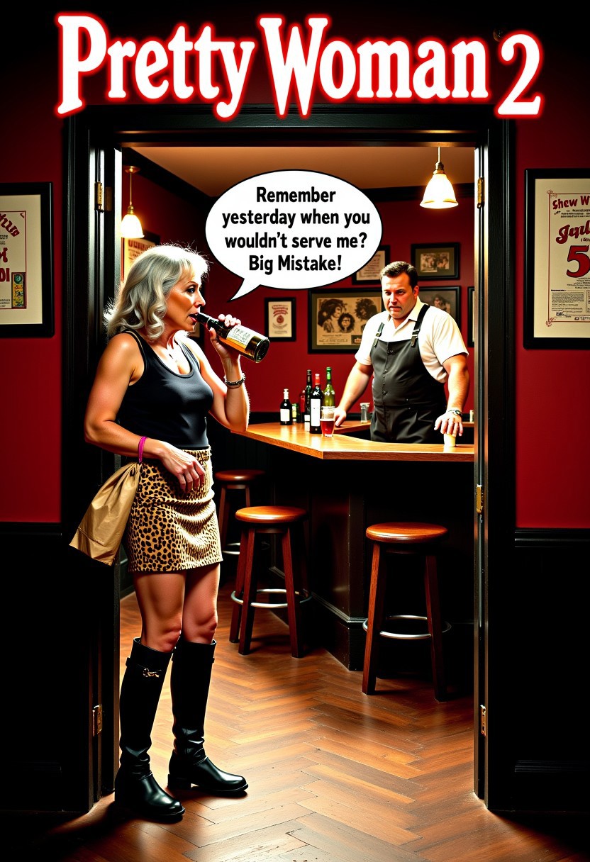 Title with text:"Pretty Woman 2”, subtitle with text:”30 Years Later”. A drunk old lady with grey hair is standing in the doorway of a dingy bar, in the afternoon wearing a leopard-print skirt, thigh high leather boots and a tank top. She’s drinking from a liquor bottle wrapped in a brown paper bag and yelling at the burly bartender who is standing behind the bar with text: "Remember yesterday when you wouldn’t serve me? Big Mistake!". She’s disheveled and haggard. The bartender calmly replies with text:”That was 15 minutes ago.”, realistic, aidmaTextImprover