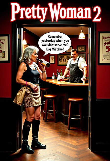 Title with text:"Pretty Woman 2”, subtitle with text:”30 Years Later”. A drunk old lady with grey hair is standing in the doorway of a dingy bar, in the afternoon wearing a leopard-print skirt, thigh high leather boots and a tank top. She’s drinking from a liquor bottle wrapped in a brown paper bag and yelling at the burly bartender who is standing behind the bar with text: "Remember yesterday when you wouldn’t serve me? Big Mistake!". She’s disheveled and haggard. The bartender calmly replies with text:”That was 15 minutes ago.”, realistic, aidmaTextImprover