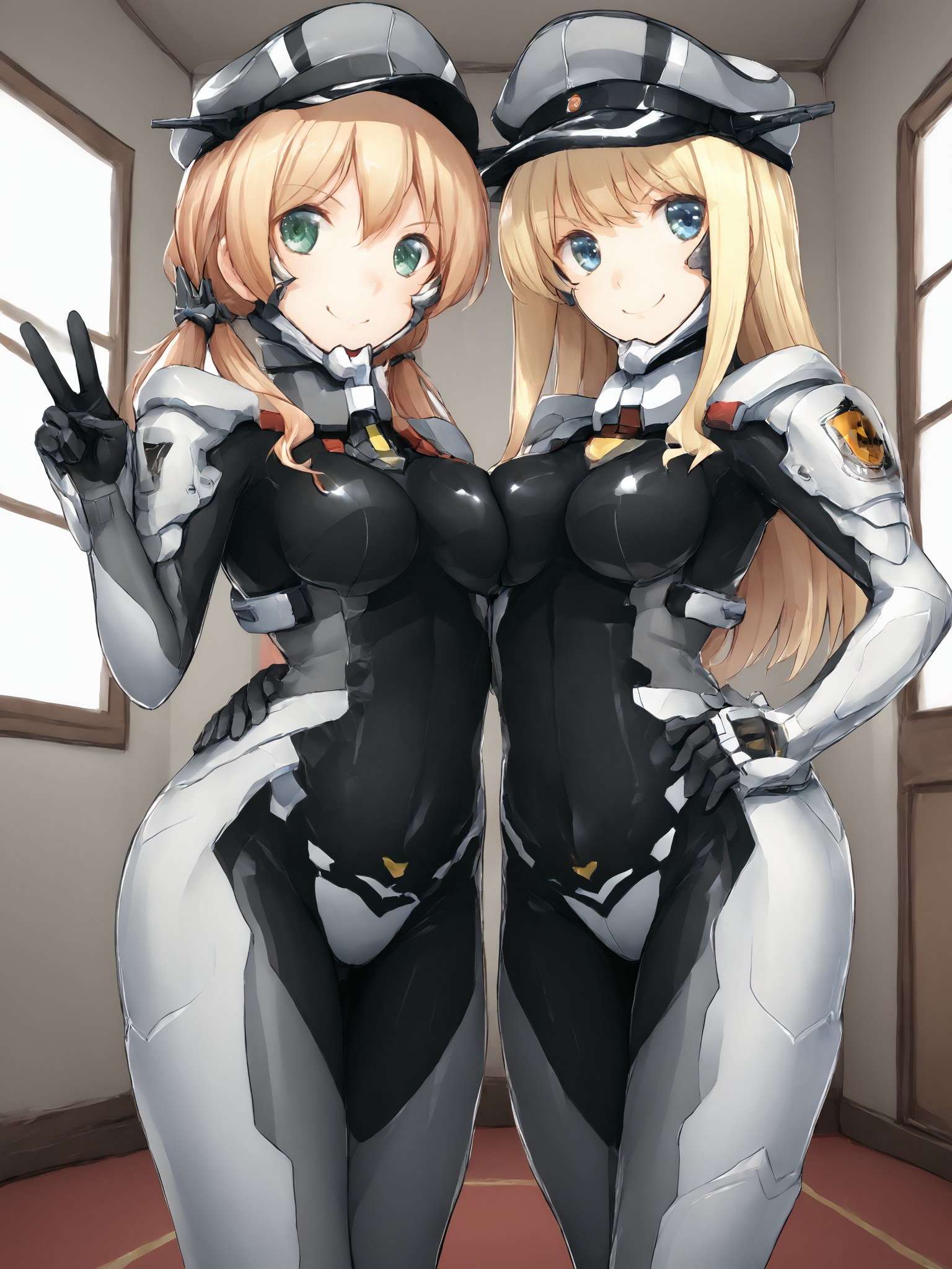score_9, score_8_up, score_7_up, zPDXL, zPDXLpg, <lora:offset_0.2:0.1>, <lora:spo_sdxl_10ep_4k-data_lora_webui:1>, 2girls, germanfortifiedsuit, <lora:German_Fortified_Suit_v2:1>, indoors, naval base, looking at viewer, ass visible through thighs, smile
prinz eugen (kancolle), green eyes, low twintails, anchor hair ornament, military hat, <lora:Prinz_Eugen_from_Kantai_Collection_Pony:0.6>, v, peace sign
bismarck (kantai collection), blue eyes, blonde hair, peaked cap, <lora:Bismarck:0.6>, smug, hands on own hips