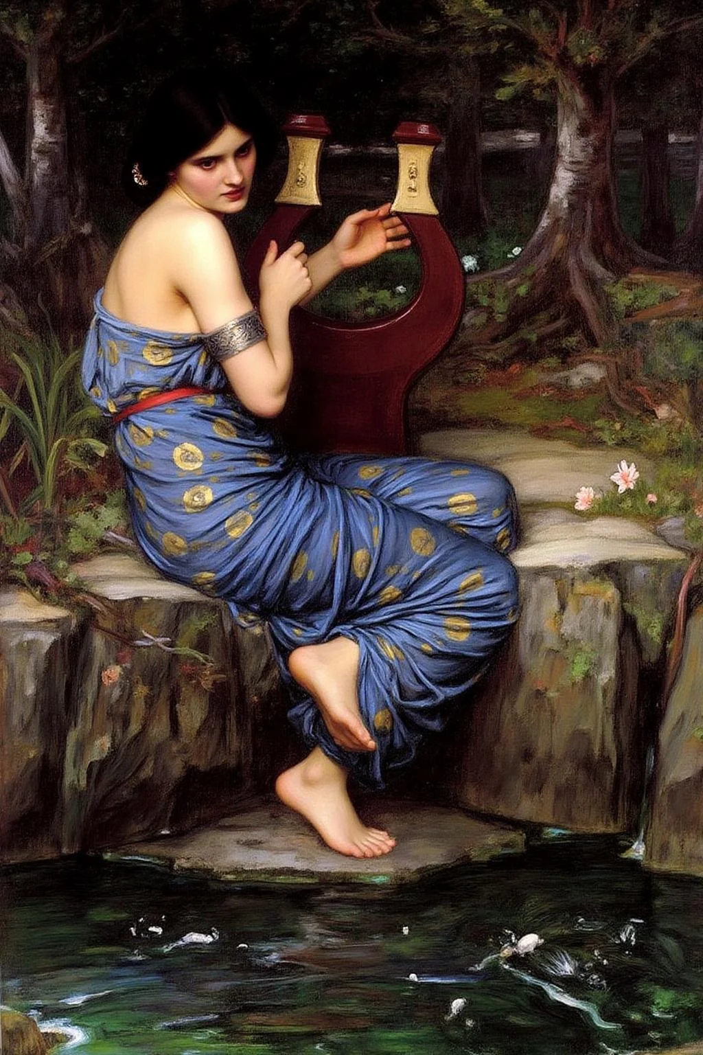 jwwaterhouse1 painting.
Side view of a woman seated by the rocky shore of a river, playing a lyre. She wears a flowing, richly textured gown in shades of deep blue and gold, her dark hair cascading around her shoulders. She is turning her head sideway and looking at the water below. <lora:jwwaterhouse1_cap_d6a3e11:1.0><lora:829516815462956790:0>