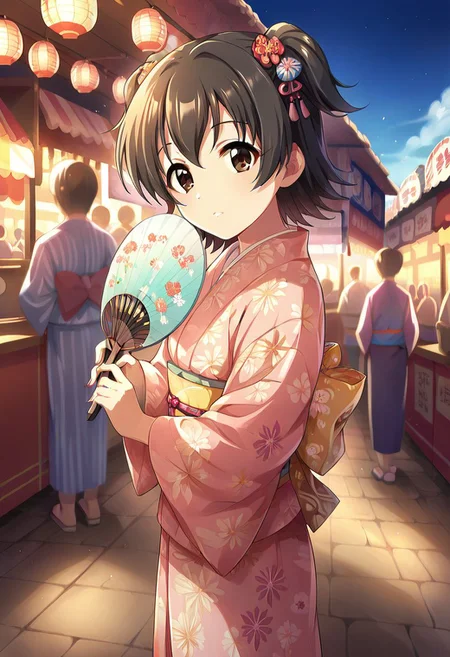 score_9, score_8_up, score_7_up, source_anime,akagi miria, short hair, black hair, brown eyes, two side up, 1girl, solo, japanese clothes, kimono, hand fan, paper fan, yukata, uchiwa, hair ornament, solo focus, festival