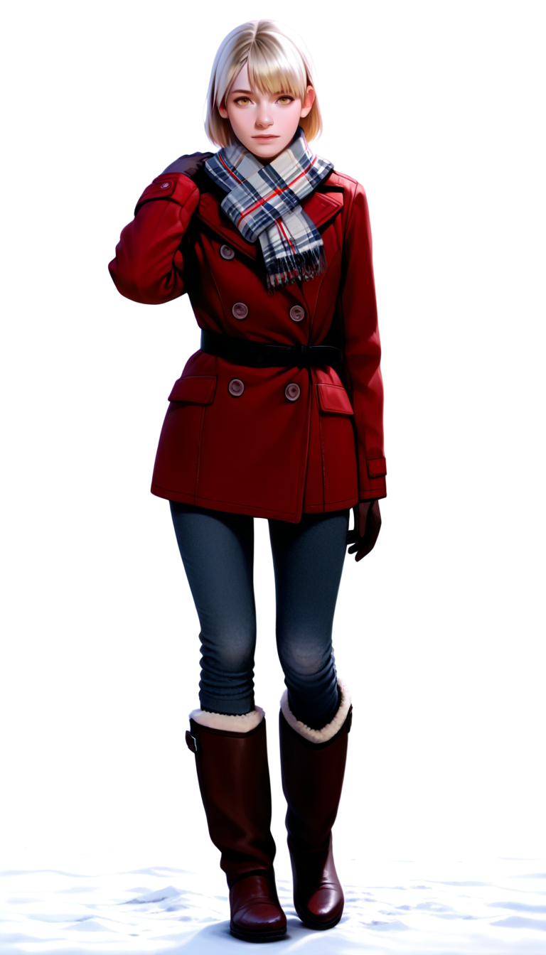 masterpiece,best quality,amazing quality,
<lora:ashleygrahamNAI:1>,ashleygraham,realistic,
1girl,solo,blonde hair,bob cut,bangs,golden eyes,looking at viewer,brown coat,plaid scarf,black belt,brown gloves,jeans,brown boots with fur trim,full body,standing,left hand on shoulder,white background,